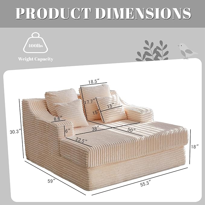 Chaise Lounge Sofa Chair Indoor Cozy Sofa Bed Oversized with Four Pillow Fluffy Upholstered Sleeper Sofa Chair for Living Room Bedroom Office Liesure No Assembly Required（Beige）
