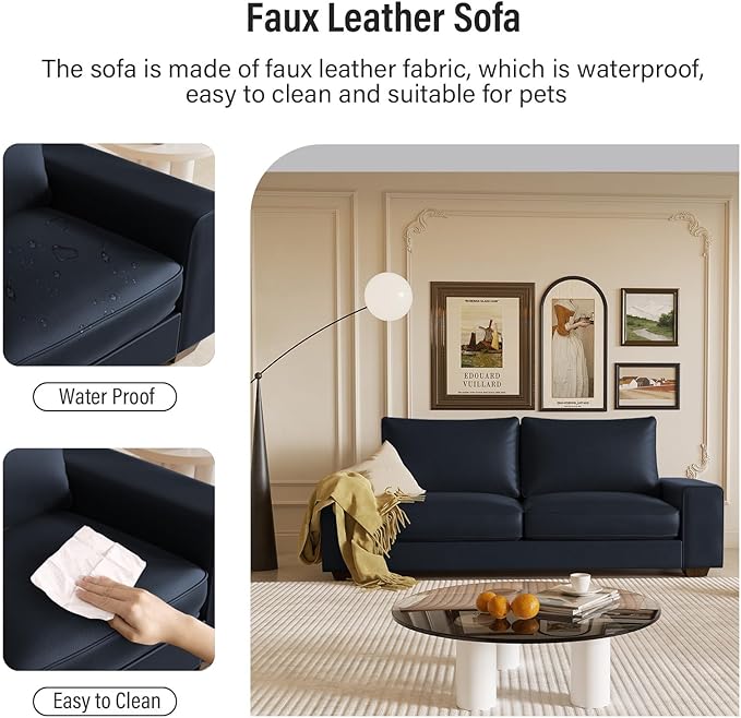 Faux Leather Couch, Mid Century Modern Comfy Loveseat Sofa with Wide Arm, Side Pockets, Solid Wooden Frame for Office, Living Room and Bedroom, 3 Seater (Blue, 88.58 inches)