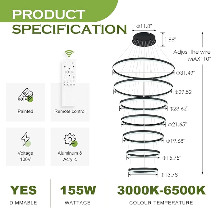 7 Rings Modern LED Chandelier Black Dimmable Large Foyer Chandeliers Entryway High Ceiling for Staircase, High Ceiling Pendant Lights for Entryway Living Room, 3000K-6500K CCT