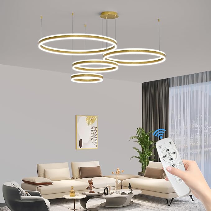 Modern LED Chandelier Light, 4 Ring Gold Pendant Lighting Fixture, Adjustable Hanging Ceiling Lamp for Dining Room, Kitchen Island, Entryway, Living Room, Dimmable Dining Lights Over Table