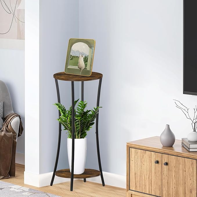 YINMIT Plant Stand Indoor,2 Tier Round Potted Holder Rack,Flower Pot Stand Shelf,Round Supports Rack,Corner Plant Shelf for Balcony Garden Patio Living Room,Brown