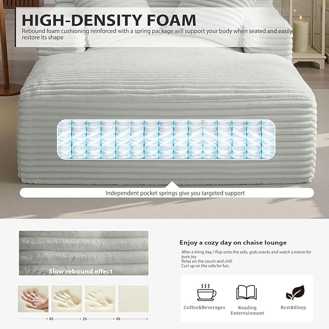 Oversized Chaise Lounge Chair Indoor, Corduroy Sofa Bed with Throw Pillows, Cozy Cloud Couch, Upholstered Sleeper Sofa Couch for Living Room, Bedroom, Apartment, Light Gray