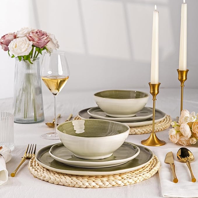 Leratio Ceramic Dinnerware Sets for 4,Porcelain Plates and Bowls Sets with Wavy Edge,Microwave & Dishwasher & Oven Safe,Light Weight & Scratch Resistant Dishes Sets-Service for 4 (12pcs)