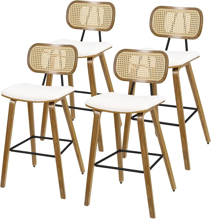 Counter Height Bar Stools Set of 4, Mid Century Modern Counter Stools, 26" Wood Kitchen Stool Boucle Fabric Upholstered Barstool with Rattan Back, Counter Height Island Dining Bar Chair, White