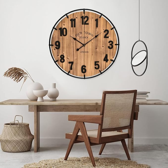 24 Inch Farmhouse Wall Clock Large Old Town Vintage Rustic Wooden Clock with Metal Rim and Large Numerals, Silent Battery-Operated for Office, Kitchen, Bedroom, and Living Room