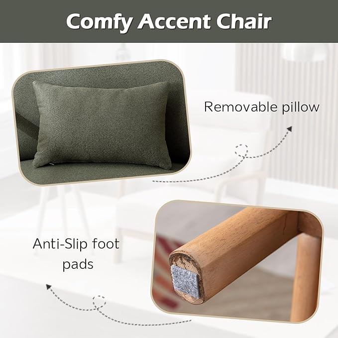 INZOY Mid Century Modern Accent Chair Set of 2, High Back Reading Armchair with Wood Frame, Upholstered Living Room Chairs with Waist Cushion, Single Lounge Arm Chair for Bedroom Sunroom, Green