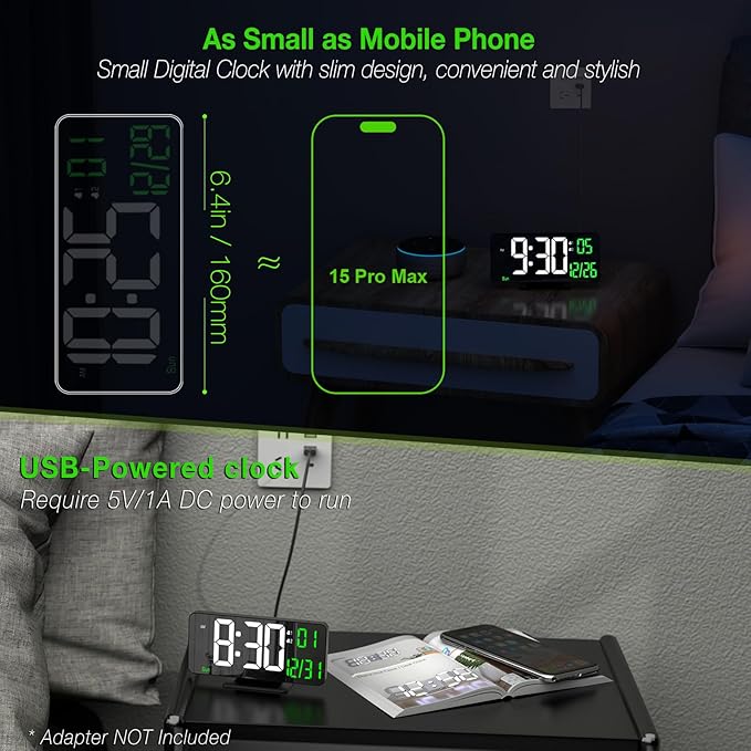 KOSUMOSU Desk Clock 6.7in Black Digital Alarm Clock with Dual Alarm, Dimming, Date, Day of Week, Temp, 12h 24h, Digital LED Clock for Table Decor, Digital Calendar Mirror Clocks Essentials