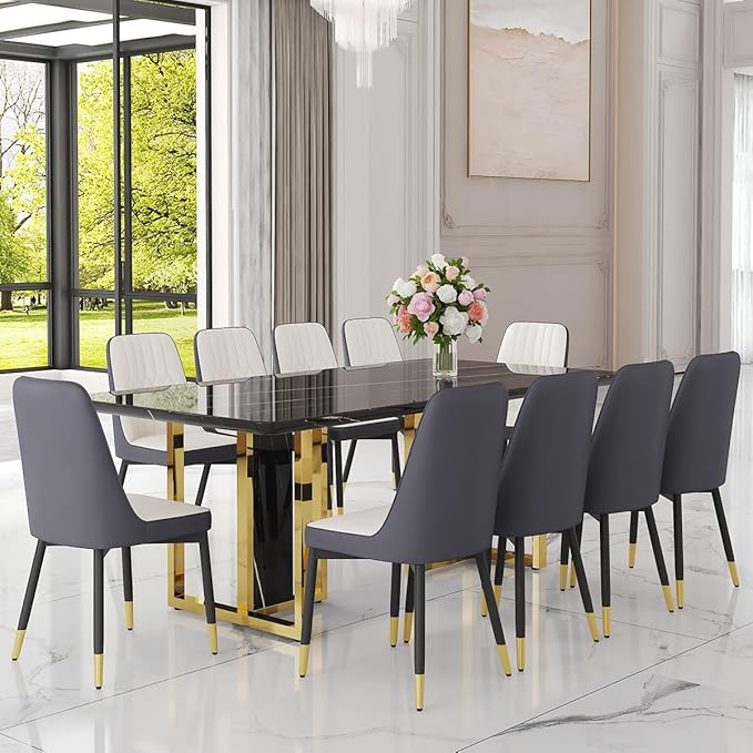 TesNus 79" Black Dining Table Set for 10 with Chairs,Large Faux Marble Kitchen Table and Chairs Set Rectangular 11 Piece Dining Room Set with Gold Metal Legs,Modern Design,Easy Assemble,Stable Base