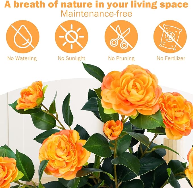 2FT Artificial Camellia Tree, Small Fake Tree for Outdoor Indoor, Plastic Potted Plants for Home Office, Tabletop Desk Orange Flower Plants (1 Pack)