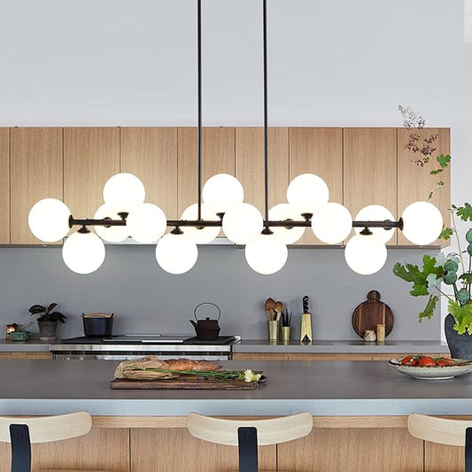 Linear Chandeliers for Dining Room, 55in Large Modern Globe Chandelier 16-Light Large Pendant Lights Kitchen Island Lighting with Milk White Glass Sputnik Chandelier Bubble Sputnik Light Fixture
