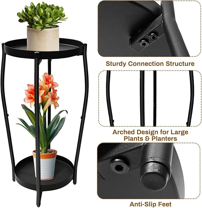 Plant Stand Indoor, 2 Tier Tall Plant Stands, 4-Leg Metal Flower Stand, Heavy Duty Plant Shelf Plant Rack Flower Stands for Living Room, Black