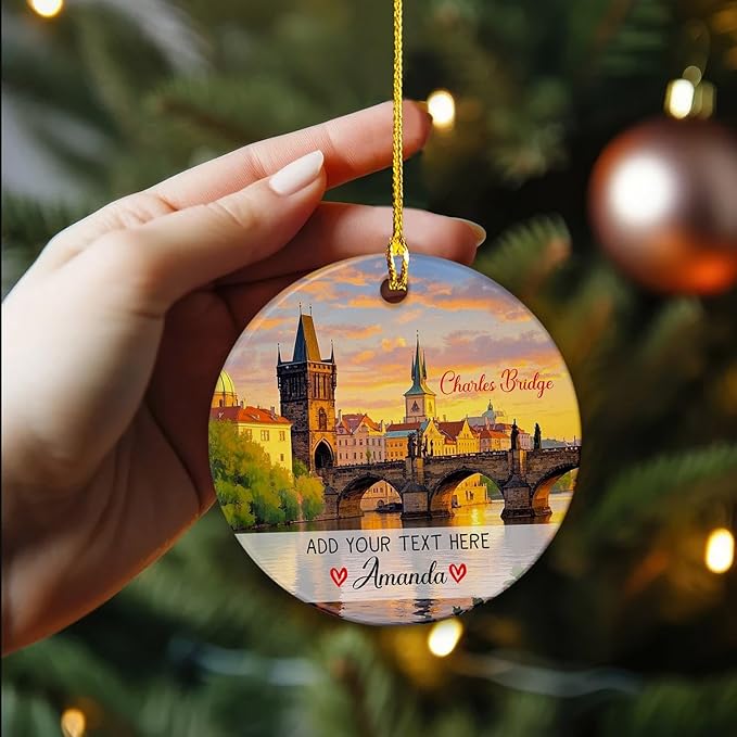 Personalized Charles Bridge Praha Ceramic Christmas Ornament 2025, Personalized Czech Republic Vacations Keepsake Ornament Gift for Traveller Friends, Custom Text/Name Praha Czech Trip Ornaments Xmas