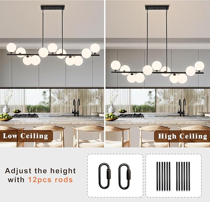 Linear Chandeliers for Dining Room,11 Light Modern Chandelier Black Sputnik Chandelier with Milk White Glass Globe Large Dining Room Light Fixture Over Table, Kitchen Island
