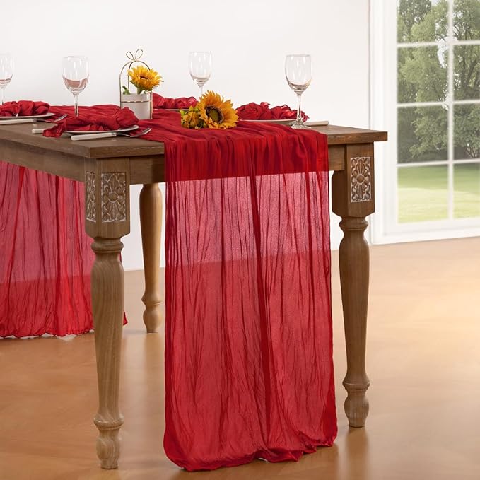 Red Cheesecloth Table Runner 4 Pack Fall Table Runners Boho Gauze 120 Inches Red Cheese Cloth Fall Table Decorations for Thanksgiving Weddings Bridal Baby Shower Candlelight Dinner Party