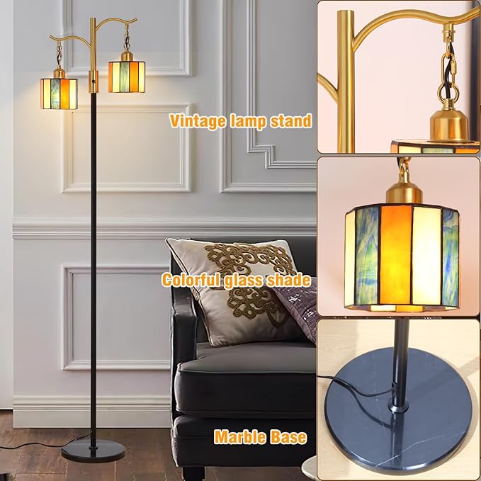 Vintage Dimmable Floor Lamp, Tiffany Standing Lamp with 2 Stained Glass Shades, Rustic Farmhouse Floor Lamp with Black and Gold Finish for Living Room Bedroom