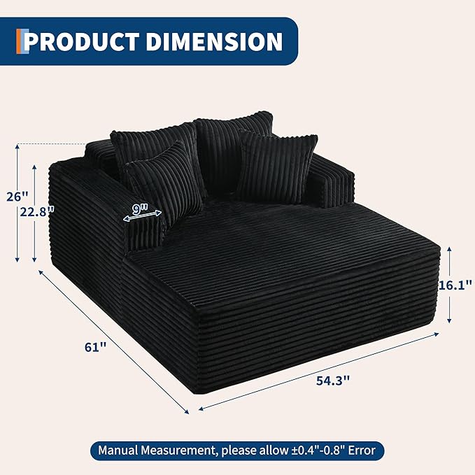 54.3"W Oversized Chaise Lounge Chair Indoor, Boneless Corduroy Sleeper Sofa Bed with 4 Pillows, Armrests, Comfy Fluffy Reading Couch, No Assembly Required Cloud Sofa for Living Room, Bedroom, Office