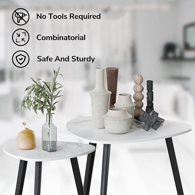 BAMEOS Bamboo Nesting Triangle End Table,Set of 2 Coffee Table Modern Minimalist Side Table for Living Room (Marble White)