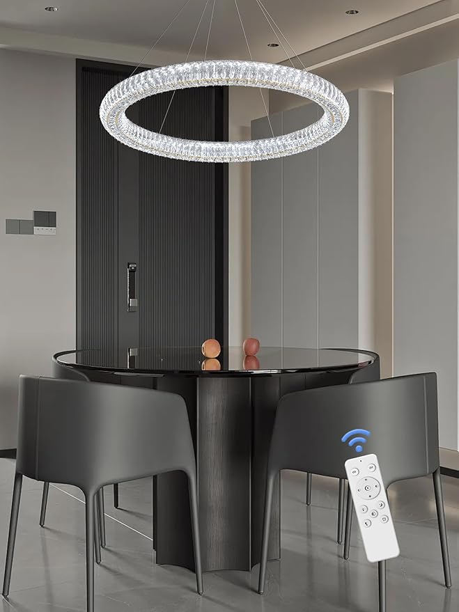 Modern Crystal Chandelier Dimmable LED 39.4" Ring Pendant Light Adjustable Round Gold Crystal Chandelier Light Fixtures for Dining Room Living Room