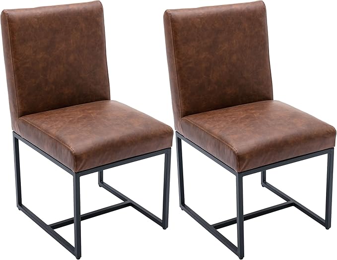 VESCASA Faux Leather Upholstered Dining Chairs with Black Metal Frame, Mid Century Modern Padded Kitchen Chair with Adjustable Foot Pads for Restaurant, Dining Room, Set of 2, Brown