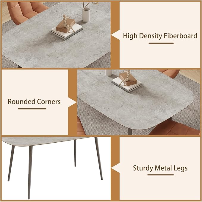 55.1'' Dining Table Set for 4,Modern Wood Dining Table,Leather Dining Chairs 4,Table and Chairs Set of 4,Ideal for Kitchen Dining Room (Gray Table + 4 U-Shaped Brown Chairs, 55.1")