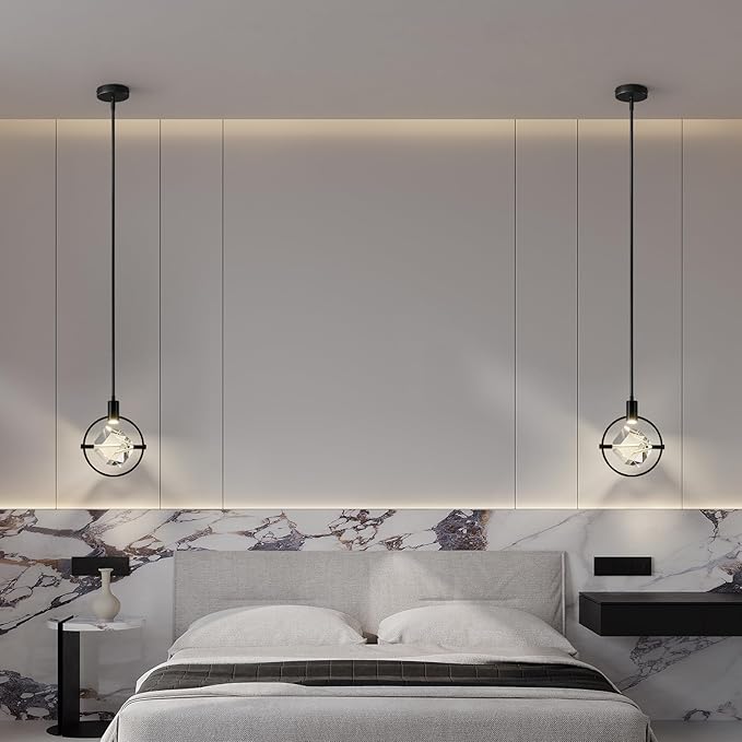 Modern Crystal Pendant Light in Black Mini Dimmable Integrated LED Light Fixtures Metal Rod Ceiling Black Chandelier for Kitchen Island Bedroom Dining Room Bar(1-Lights)