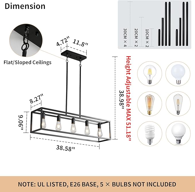 Black Farmhouse Kitchen Island Lighting, Modern Industrial Chandelier, 5-Light Linear Rectangular Pendant Light Fixtures for Farmhouse Kitchen Dining Room Bar Foyer(Metal, Height Adjustable)