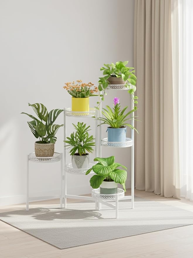 6 Tier Metal Plant Stand, 6 Potted Multiple Flower Pot Holder Shelf, Indoor&Outdoor Folding Planter Display Shelves for Patio Garden, Living Room, Corner Balcony, Bedroom - WhiteWave