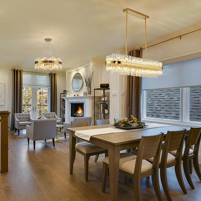 Siljoy Modern Crystal Chandelier Gold Rectangular 2-Tiers K9 Crystal Raindrop Chandelier Luxury Oval Crystal Ceiling Light Fixture for Dining Room Living Room Kitchen Bar L47'', G9 x 28