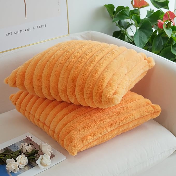 JOJUSIS Pack of 2 Faux Fur Plush Decorative Throw Pillow Covers Couch Cushion Case Soft Pillowcases (Orange, 16 x 16-Inch)