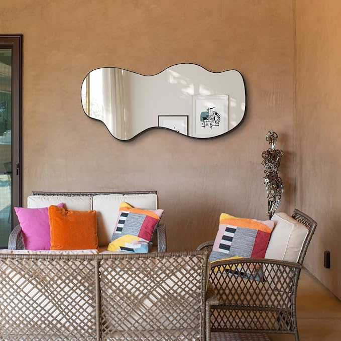 POZINO Irregular Mirror, Asymmetrical Wall Mirrors, 40"x18" Frameless Wall Mirrors Decorative, Modern Waved Shaped Mirror for Living Room Bathroom Bedroom Hallway Entryway Fireplace