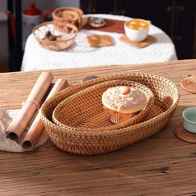 i-lan Handwoven Bread Serving Basket Bowls, Wicker Oval Fruit Bowl, Serving Bread Basket Set, Food Storage Bowl for Bread, Snack, Vegetable, Natural Brown (S: 10")