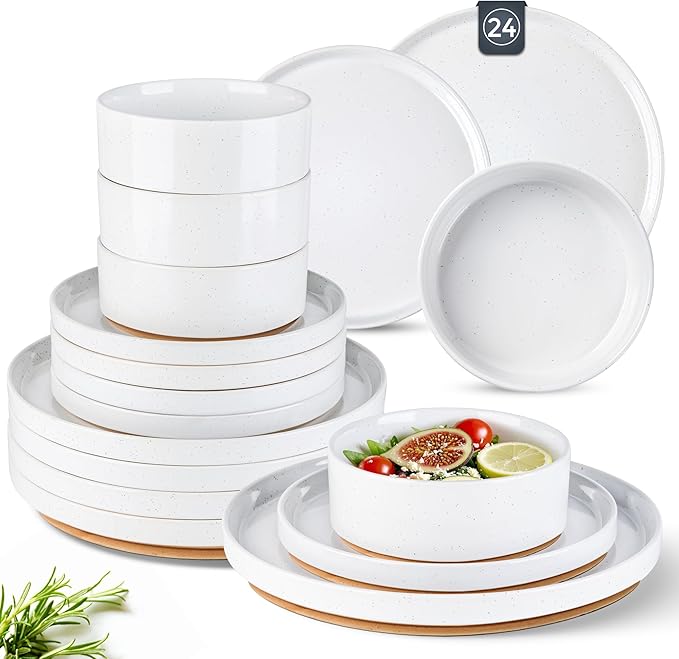 AmorArc Ceramic Dinnerware Set for 8 | Speckled Stoneware Plates and Bowls with Rustic Terracotta Underside| Scratch Resistant,Dishwasher & Microwave Safe Dishes Sets- 24pcs White
