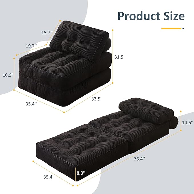 Folding Chair Bed, Futon Sofa Bed, Floor Couch for Adults Chair Bed for Living Room, Lounge Sofa, Convertible Sofa Bed, Small Couches for Small Spaces, Black