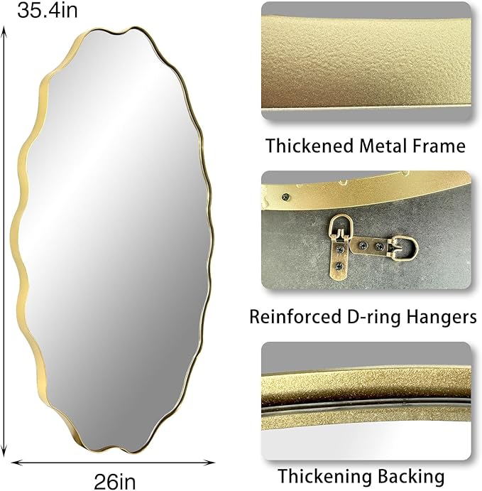 Scalloped Mirror, 35.5"x26" Bathroom Vanity Mirror, Irregular Shaped Mirrors Decorative, Modern Wavy Round Mirrors for Living Room Bedroom Hallway Entryway Fireplace