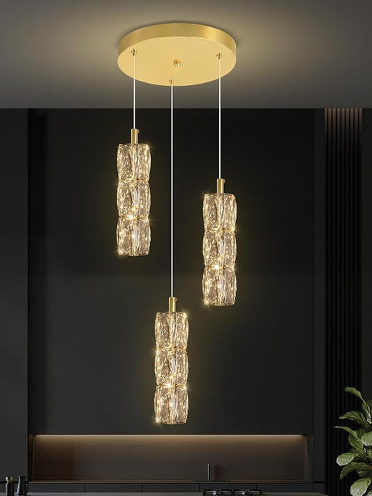 3-Light Gold Chandelier with Dimmable Ceiling Light Crystal Pendant Light for Kitchen Island, Dining Room, Living Room, Entry Hallway