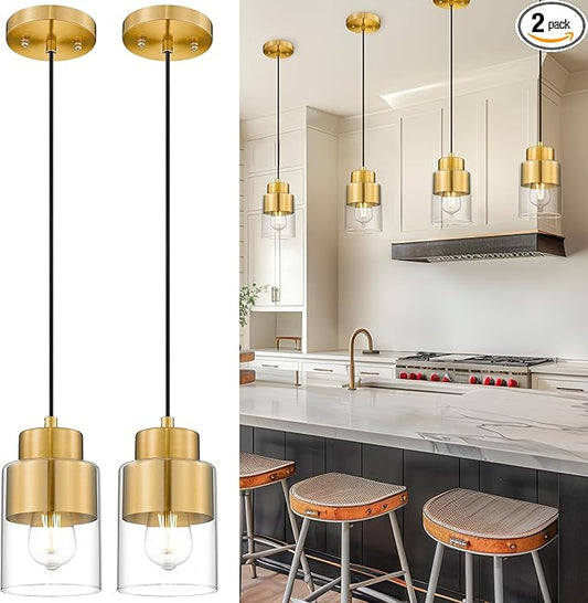 2-Pack Pendant Lights Kitchen Island, Brushed Gold Dual Shade Hanging Lights Fixtures with Metal and Clear Glass, Brass Kitchen Pendant Lighting Over Island for Dining Room, AD-24022-1P2-GD