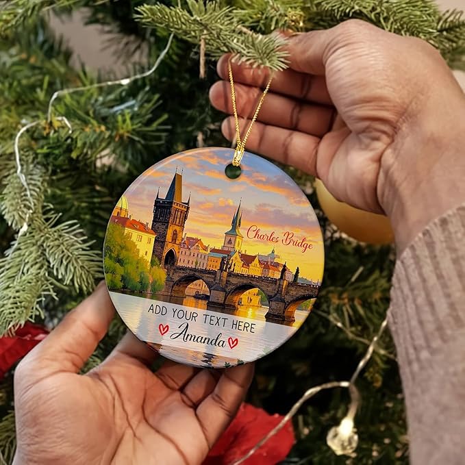 Personalized Charles Bridge Praha Ceramic Christmas Ornament 2025, Personalized Czech Republic Vacations Keepsake Ornament Gift for Traveller Friends, Custom Text/Name Praha Czech Trip Ornaments Xmas