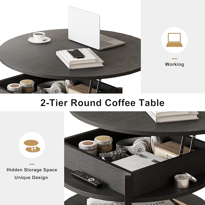 FABATO Round Lift Top Coffee Table for Living Room, 35.43'' Round Coffee Table with Storage and Hidden Compartment, 2 Tier Large Farmhouse Coffee Table Round Dining Table, Black