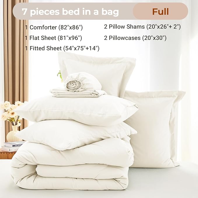 MUXHOMO 7 Pieces Full Comforter Set, Soft Bed in a Bag Full Size, All Season Bedding Set with Comforter, Flat Sheet, Fitted Sheet, Pillowcases & Shams, Ivory