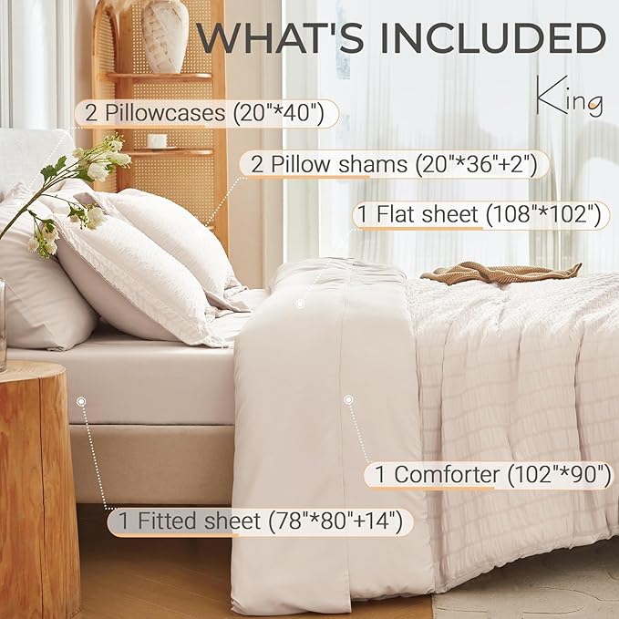 MUXHOMO 7 Pieces King Comforter Set, Seersucker Bed in a Bag King Size, All Season Luxury Bedding Set with Comforter, Flat Sheet, Fitted Sheet, Pillowcases & Shams, Beige
