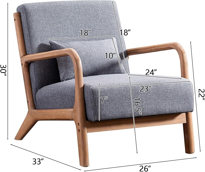 INZOY Mid Century Modern Accent Chair with Wood Frame, Upholstered Living Room Chairs with Waist Cushion, Reading Armchair for Bedroom Sunroom (Dark Grey)