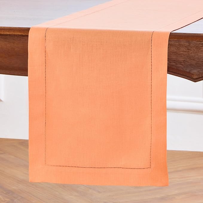 Solino Home Linen Coral Hemstitch Table Runner 36 Inches - 100% Pure Linen Small Table Runner 14 x 36 Inch Ideal for Dresser and Coffee Tables - Classic Hemstitch