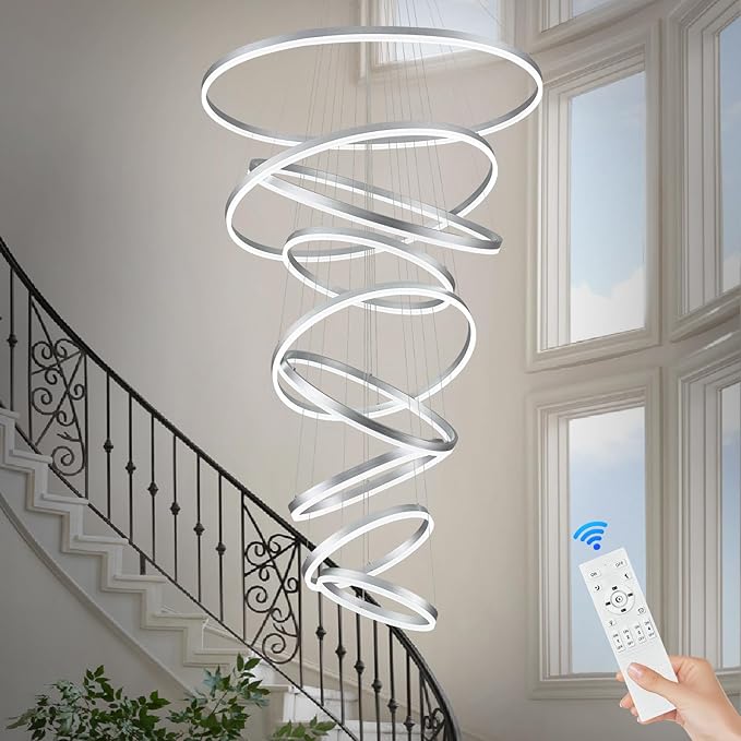 9 Rings Modern LED Chandelier Silver Dimmable Large Foyer Chandeliers Entryway High Ceiling for Staircase, High Ceiling Pendant Lights for Entryway Living Room, 3000K-6500K CCT