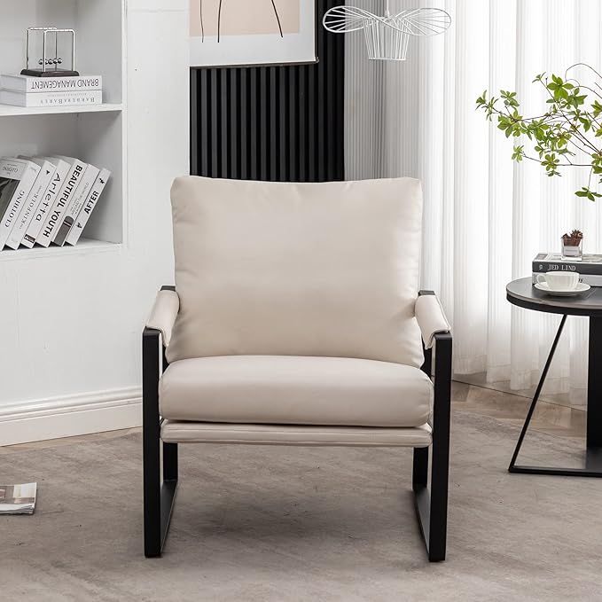 UNICOO Faux Leather Metal Frame Accent Chair - Modern Accent Chairs for Living Room, Bedroom, or Office - Armchairs Living Room Chairs Leisure Chair Reception Chair(ZKL-239K-BE Beige)