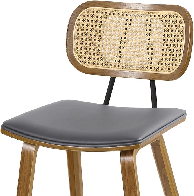 Counter Height Bar Stools, Mid Century Modern Rattan Counter Stools, 26" Wood Kitchen Stool PU Leather Upholstered Barstools with Rattan Back, Counter Height Island Dining Bar Chair, Grey