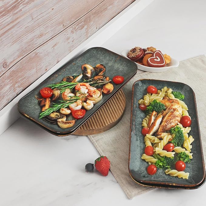 Ceramic Serving Dinner Plate Set, 4-Piece for Main Meals, Tacos, Lunches, Snack, Platters - Microwave and Dishwasher Safe, Scratch Resistant, Kitchen Serving Dinnerware, Black 12.4 Inch