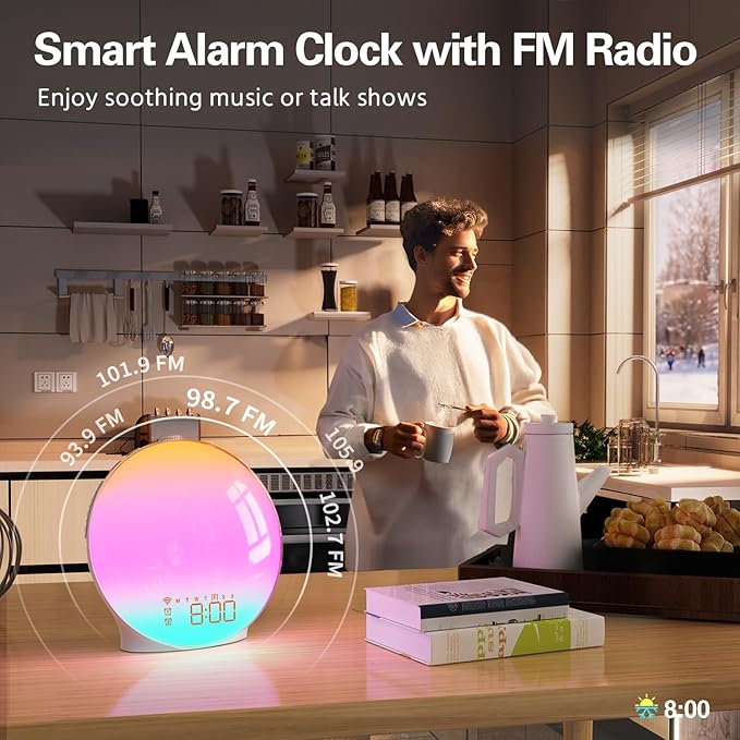 MOMILLA Sunrise Alarm Clock, Smart APP Control, Wake-up Light Compatible with Alexa, FM Radio, Sunset Night Light, White Noise Sound Machine for Bedrooms, Dual Alarms for Heavy Sleepers, Kids Adults