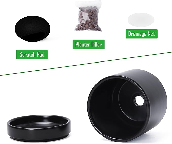D'vine Dev 4.7 Inch Ceramic Planter Pot with Drainage Hole and Saucer, Indoor Cylinder Round Planter Pot, Black, 94-O-B-2