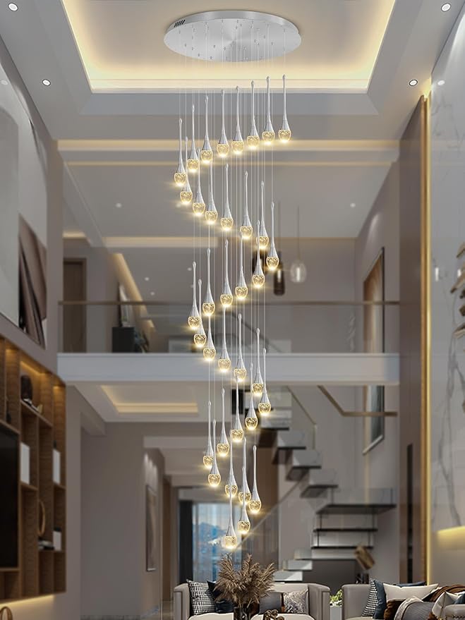 150in High Ceiling Chandelier for Foyer Entrance 36-Light Crystal Silver Chandelier Light Fixture Large Ceiling Light for Living Room Staircase Hallway Dining Room