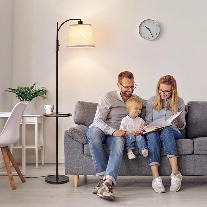 AIDENOEY Fully Dimmable Floor Lamp for Living Room，Standing Lamp Rotary Switch with Table&Linen Beige Shade，Black Tall Lamps for Bedroom with Adjust Head，9W LED Bulb Included